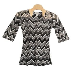 J Valdi Knit Chevron Pattern 3/4 Sleeve Top Large Black White Gray